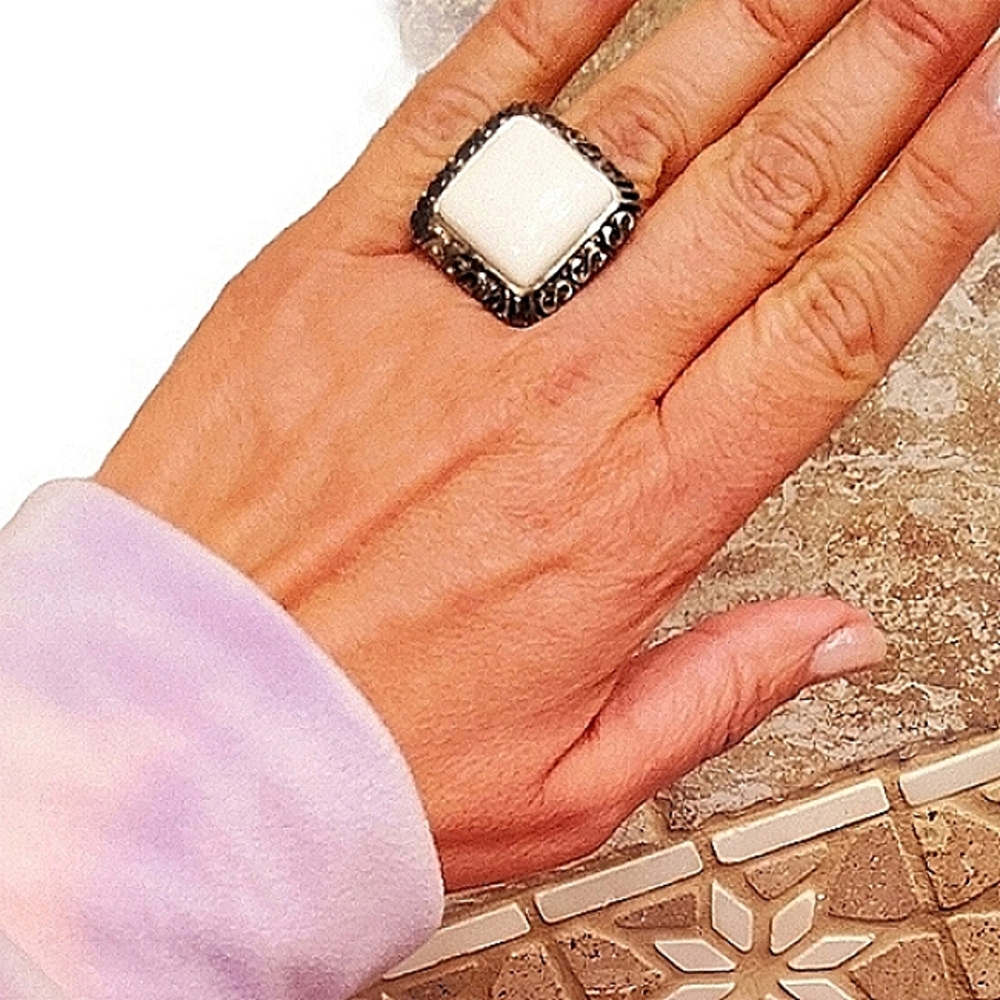 Statement Ring Silver And White Square Genuine Vi… - image 4